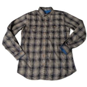 Eddie Bauer Brown Plaid W Blue Accents Button Front Casual Shirt #0668 Men's TL